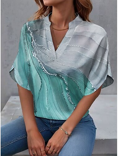  Damen T-Shirt Marmor Stylisch Strand Kurzarm V-Ausschnitt Reguläre Tops Alltag Druck Pink Lila Grün Frühling Herbst