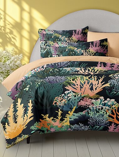  Juego de funda nórdica con patrón de plantas tropicales, juego de cama de algodón de lujo suave de 3 piezas, regalo de decoración para el hogar, funda nórdica tamaño king queen doble