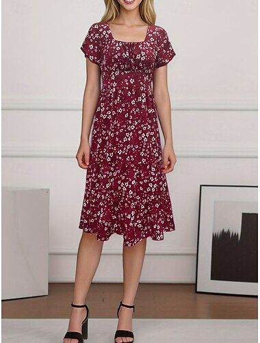  Damen Midikleid Corsagenkleider A Linie Kleid Milchmädchen-Kleid Kleid mit Puffärmeln Urlaub Urlaub Täglich Regular Fit Blumen Kurzarm Quadratischer Ausschnitt Wein Blau Grün Sommer