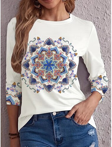  Dames T-shirt Brief Casual Lange mouw Ronde hals Normale tops Dagelijks Weekend Afdrukken Wit Herfst Winter
