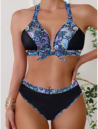  Dame Badetøj Bikini 2 stk Fræk badedragt Åben ryg Tynd Ferie Strand Tøj Grafisk Halterhals Uden ærmer Badedragter