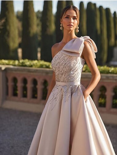  A-Linie Abendkleid Elegant Kleid Formell Hochzeit Bodenlang Ärmellos Ein-Schulter Satin mit Glitzer Schleife(n) Perlenstickerei 2025