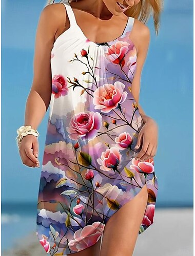  Damen Minikleid Tank-Top Kleid Brautkleider schlicht Urlaub Lockere Passform Blatt Ärmellos Rundhalsausschnitt Weiß Gelb Blau Purpur Sommer