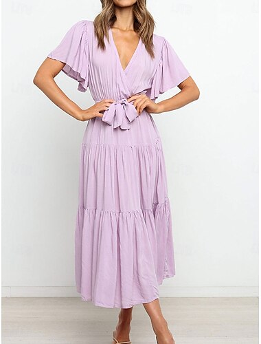  Damen Midikleid Casual kleid Schaukelkleid Boho Chic Kleider Elegant Böhmen Stilvoll Urlaub Casual Täglich Regular Fit Glatt Kurzarm V Ausschnitt Magenta Violett Armeegrün Dunkelblau Sommer Frühling
