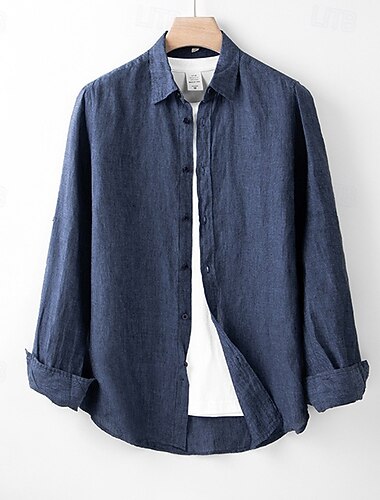  Per uomo Camicia Camicia di lino Camicia casual Camicia con Bottoni Semplice Vacanza Camicia hawaiana Bianco Blu marino Manica Lunga Bavero Primavera Autunno Abbigliamento Bottonato