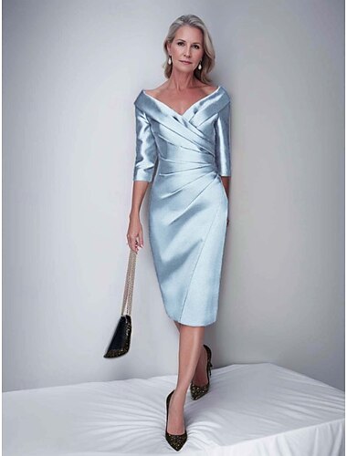  Etuikleid/Säulenkleid Mutter der Braut Kleid Formeller Hochzeitsgast Elegant Vintage Luxuriöser V-Ausschnitt Tee-Länge Satin Halbe Ärmel Jackenkleider mit Falten Derby Kleid Renntag Kleid 2025