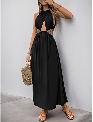 Damen Maxikleid schwarzes kleid Abschlusskleid Freizeitkleid A Linie Kleid Urlaub Lässig Urlaub Täglich Ferien Normale Passform Einfach Ärmellos V Ausschnitt Schwarz Sommer