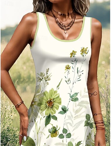  Damen Minikleid Petite Kleid A-Linien-Kleid Sommerkleid schulterfreies Kleid Bohème Urlaub Vintage Alltag lockere Passform Ombré-Blumenmuster Grafik ärmellos U-Ausschnitt Hellgrün Sommer Frühling
