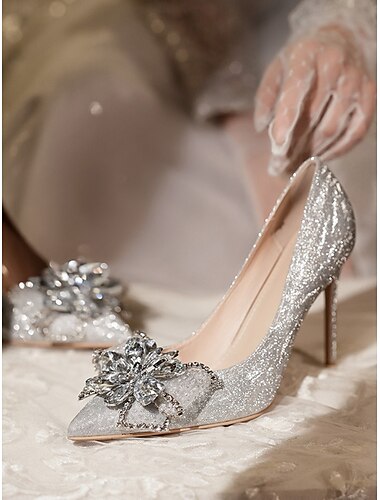  silberne Glitzer High Heels für Damen – funkelnde Hochzeitsschuhe mit Strass- und Kristallblumen-Detail, elegantes Party-Schuhwerk