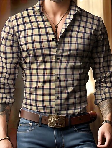  Herre Skjorte Sommerskjorte Uformell skjorte Skjorte med knapper Lys kaki Svart Kakifarget Grå Langermet Ruter Knaphul Feriereise Hawaiisk Knapper Klær Polyester Mote Fritid Bekvem