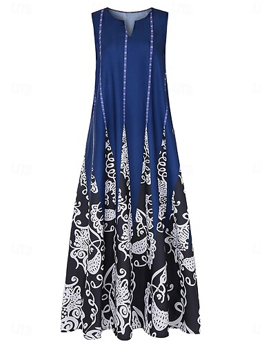  Damen Maxikleid Trägerkleid Stilvoll Urlaub Normale Passform Geometrisch Vintage Ärmellos V-Ausschnitt Marineblau Sommer