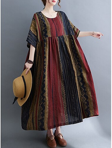  Pentru femei Rochie Maxi Rochii de in bumbac Rochie casual De Bază Casual Vacanță Zilnic Fit regulat Grafic Manșon scurt Stil Nautic Maro Închis Vișiniu Vară