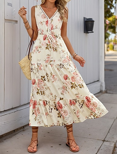  Γυναικεία Μακρύ φόρεμα Φόρεμα σε γραμμή Α Floral φόρεμα Στυλάτο Καθημερινό Διακοπές Causal Καθημερινά Κανονικό Φλοράλ Κοντομάνικο Λαιμόκοψη V Λευκό Καλοκαίρι Άνοιξη