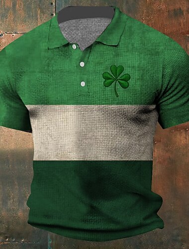  Herren Kleeblatt Waffel-Poloshirts Kurzarm Polo-Shirts Hemden mit Kragen Lässig Business-Casual Party-Abendmode Alltagskleidung Festival-Outfit Knöpfe 3D-Druck Sommer Weiß 1 Schwarz Felsen Grün