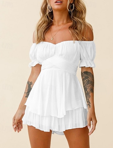  Femme Mini robe robe blanche Robe casual Robe d'été mode Décontractées Manches Bouffantes Vacances du quotidien Rendez-vous Standard Plein Manche Courte Epaules Dénudées Noir Blanche Rose Claire Et
