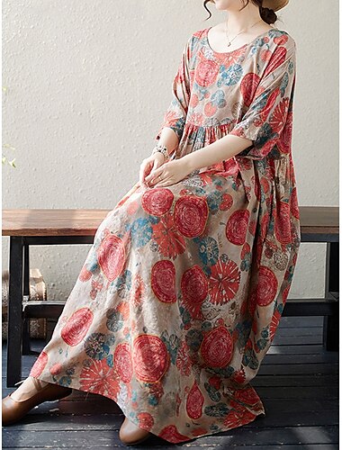  Pentru femei Rochie Maxi Rochii de in bumbac Rochie casual De Bază Casual Vacanță Zilnic Fit regulat Grafic Manșon Jumate Stil Nautic Roșu-aprins Trifoi Vară