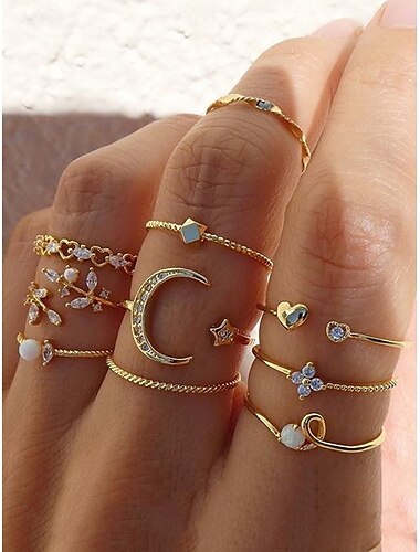  vergoldetes Stapelring-Set für Damen – verstellbare Ringe mit Strass- und Perlenverzierung, trendiger Boho-Stil für legere und formelle Anlässe