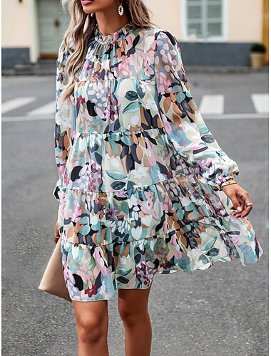  Damen Minikleid Casual kleid A Linie Kleid Stilvoll Brautkleider schlicht Urlaub Täglich Regular Fit Blumen Langarm Ständer Grün Aprikose Sommer