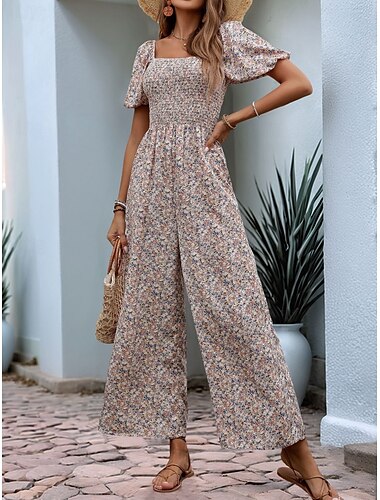  Damen Normal Jumpsuit Aktiv Blumen Kurzarm Quadratischer Ausschnitt Tasche Hohe Taillenlinie Urlaub Täglich Regular Fit Rosa Blau Sommer