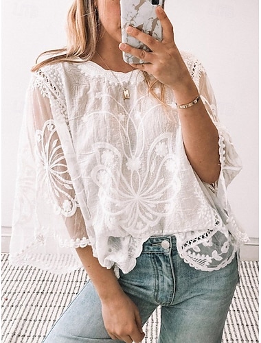  Damen Hemd Spitzenhemd Oberteil mit Spitzenspleiß Bluse Feste Farbe Elegant Stilvoll Brautkleider schlicht Halbe Ärmel Flattrige Ärmel Rundhalsausschnitt Normale Oberteile kleid hochzeitsgast Täglich