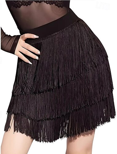  Women's Fringe Dance Skirt Latin Tango Salsa Hall Fringe Short Mini Skirt Sexy Multi-Layer Wrap Dress