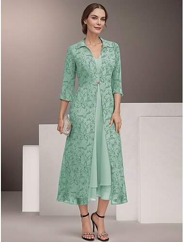  zweiteiliges Kleid für die Mutter der Braut, elegantes Vintage-Hemdkragen, knielanges Chiffon, 3/4-Ärmel, florale Spitzenjacke, Kleider 2025