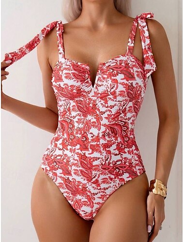  Damen Badeanzug Ein Stück Monokini Bademode Rückenfrei Bauchkontrolle Hohe Taillenlinie Schlank Urlaub Strandbekleidung Blumen V-Wire Ausschnitt Ärmellos Badeanzüge