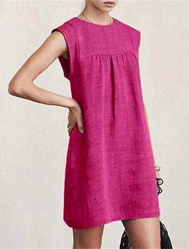  Mujer Mini vestido Vestidos inspirados en el lino Vestido informal Vestido de lino de algodón Elegante Casual Vacaciones Diario Cita Ajuste regular Plano Sin Mangas Cuello Barco Amarillo Rojo Gris