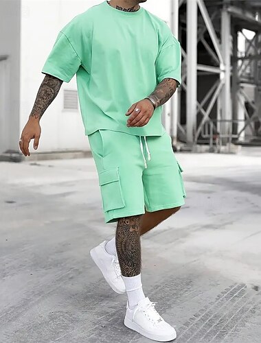  Hombre Conjunto de entrenamiento Tracksuit Camiseta y pantalones cortos Conjunto Conjunto de atuendo Cuello Barco Exterior Diario Deportes Bolsillo Correa 2 Piezas Plano Negro Rojo Verde Trébol