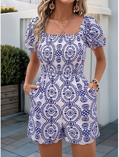  Mujer Normal Mono Activo Floral Manga Corta Escote Cuadrado Bolsillo Alta cintura Vacaciones Diario Ajuste regular Azul Piscina Verano