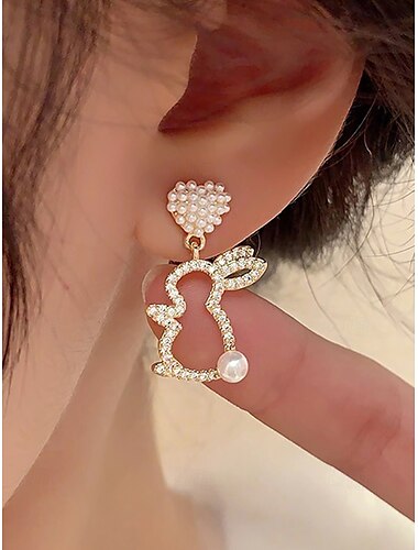  Pendientes de conejo de Pascua para mujer: diseño de corazón con detalles de cristal y adornos de perlas, hermosos pendientes de mujer chapados en oro, perfectos para Pascua, fiestas de primavera y salidas informales.
