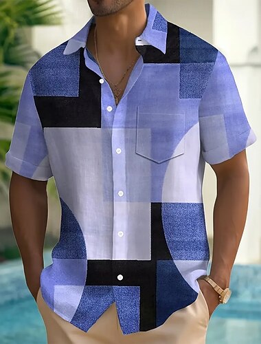  Herren Geometrisch Farbblock Patchwork Hemd Knopfhemd Kurzarm Modisch lässig Urlaub Casual Festtage Sommer Umlegekragen 3D-Druck Hemden mit Kragen Eine Tasche vorne Blau Purpur Braun