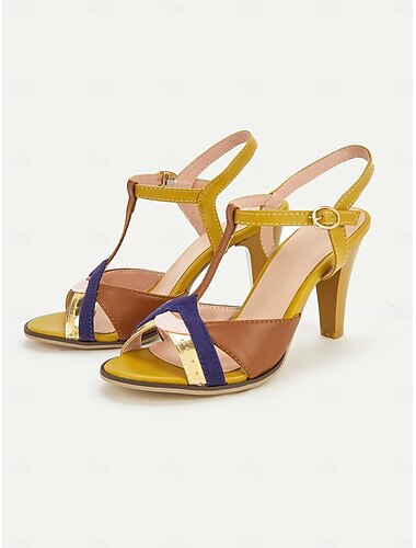  Damen-Sandalen mit T-Riemchen und Farbblock-Design und hohen Absätzen – offene Stilettos mit Fesselriemchen für Partys, Abendveranstaltungen und elegante Anlässe