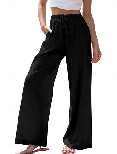  Mulheres Atrevido Calças de linho de algodão chinês Moda Básico Comprimento total Cintura Média Tecido Bolsos Com Cordão Conforto Exterior Micro-Elástica Férias Rua Diário Adamascado Cinzento Escuro