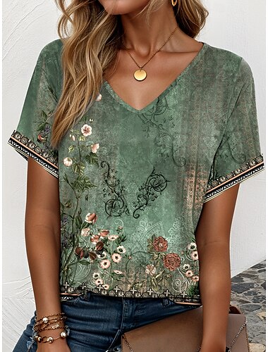  Sint Patrick Dames T-shirt Ombre Bloemig Grafisch Elegant Vintage Casual Korte mouw V-hals Normale tops Dagelijks Weekend Vakantiekleding Afdrukken Grijs-Groen Zomer