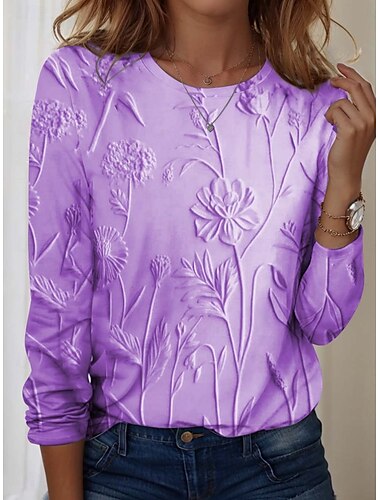  Damen T-Shirt 3D Druck Floral Lässig Langarm Rundhalsausschnitt Reguläre Oberteile Wochenende Druck Perle Pink Blau Lila Grün Herbst Winter