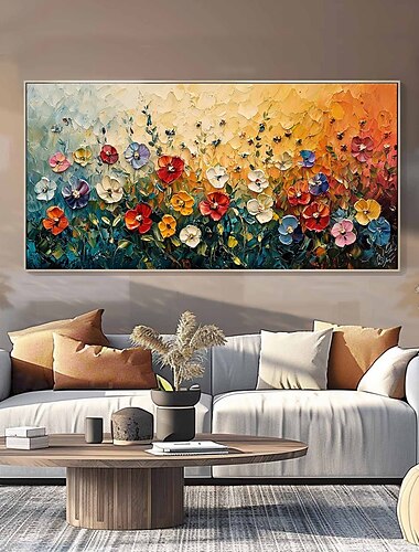  handgemachtes Original buntes Blumengemälde Ölgemälde auf Leinwand abstrakte florale Wandkunst für Wohndekoration mit gespanntem Rahmen/ohne Innenrahmen Gemälde