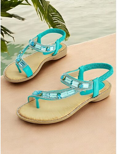  türkisfarbene, mit Strasssteinen verzierte T-Riemen-Sandalen für Damen – flache, elastische Slingback-Sandalen im Bohemian-Stil für den Strand im Sommer und die Freizeit