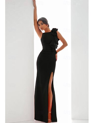  Schlauch  Säule Abendkleid elegantes Kleid formelle Hochzeitsgast bodenlang ärmellos Rundhals Stretch-Crepe mit Rüschen Schlitz Schulterblume 2025
