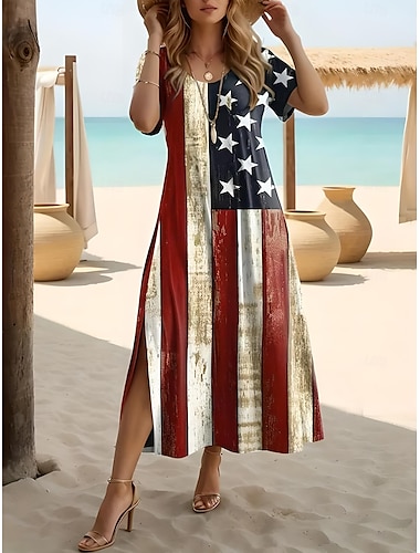  Independensdagen Kvinnors Patriotiska Fjärde Juli Maxiklänning Långärmad Boho Klänning Elegant Vintage Fjärilsärmar Semester Strand Regular Fit Flagga Vintage Kortärmad Crew Hals Blå Sommar