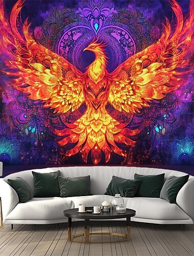  Svartlysvev Tapisseri Glow in the Dark Glow Party UV Reaktiv Bohemsk Toten Phenix Trippy Tåkete Natur Landskap Hengende Tapisseri Veggkunst Mural Stue Soverom