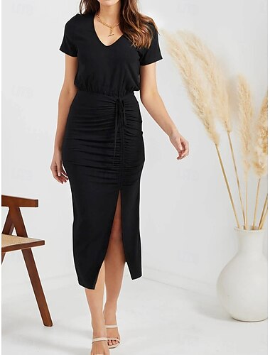  Damen Midi Kleid Wickelkleid T-Shirt Kleid Tee Kleid Einfarbig Bodycon Kleid Freizeit Urlaub Straße Casual Reguläre Passform Grafik Kurzarm V-Ausschnitt Schwarz Weiß Braun Khaki Sommer