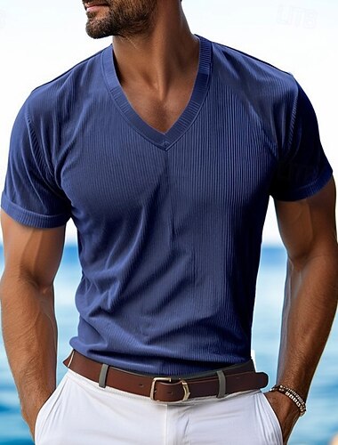 Herren Cordhemd Kurzarmshirt T-Shirt Kurzarm V Ausschnitt Sommer Frühling & Sommer Einfarbig Grubenstreifen Sport Täglich V-Ausschnitt Outdoor Lässig Schwarz Hellgrau Marineblau Top T-Shirt für Herren   Herren Cordhemd Kurzarmshirt T-Shirt Kurzarm V Ausschnitt Sommer Frühling & Sommer Einfarbig Grubenstreifen Sport Täglich V-Ausschnitt Outdoor Lässig Schwarz Hellgrau Marineblau Top T-Shirt für Herren