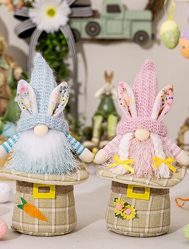  2er-Pack Osterhase Rudolf mit Elfenmütze, gesichtslose Gnome-Figuren, Osterdekoration, einzigartige Tischdekoration für die Osterzeit.