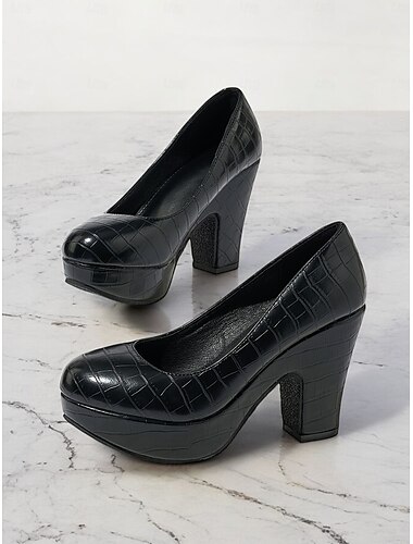  Schwarze Plateauschuhe mit Krokoprägung für Damen – klobige Blockabsätze für stilvolle Abendgarderobe und formelle Anlässe