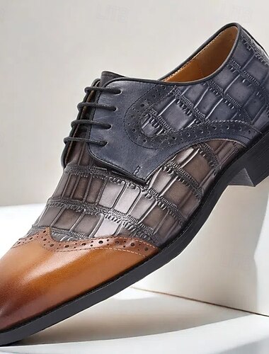  Oxford-Schuhe für Herren aus hochwertigem Rindsleder mit Krokodilprägung und Brogue-Details – Farbblock in Braun und Schwarz für formelle und geschäftliche Anlässe