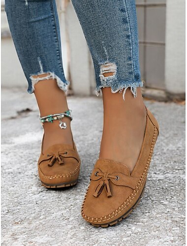  mocassins bleus décontractés pour femmes – chaussures plates à enfiler en daim souple avec détail nœud à pompon, chaussures de conduite confortables pour un usage quotidien