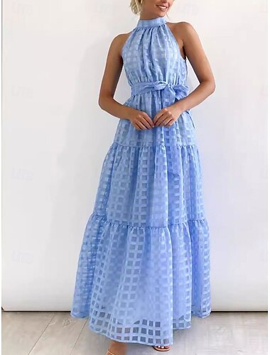  Damen Maxi Kleid Wickelkleid A-Linien Kleid Halter Kleid Fit-and-Flare Kleid Einfarbig Urlaub Urlaub Lässig Alltag Reguläre Passform Grafik Ärmellos Halterkragen Schwarz Rosa Himmelblau Lila Sommer