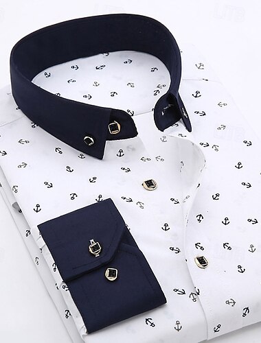  Homens Camisa Social Saia camisa de botão Âncora Casamento Festa Branco Verde Claro Rosa Azul Marinha Manga Longa Lapela Primavera Outono Roupa Bolsos