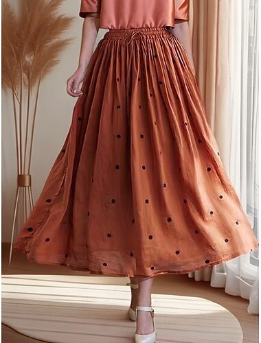  Damen Asiatische Größe A-Linie Schaukel Retro Vintage Brautkleider schlicht Midi Hoher Taillenbund Röcke Punkt Rüschen Gefaltet Bedruckt Mikro-elastisch Urlaub Täglich Marineblau Aprikose Gelb Orange